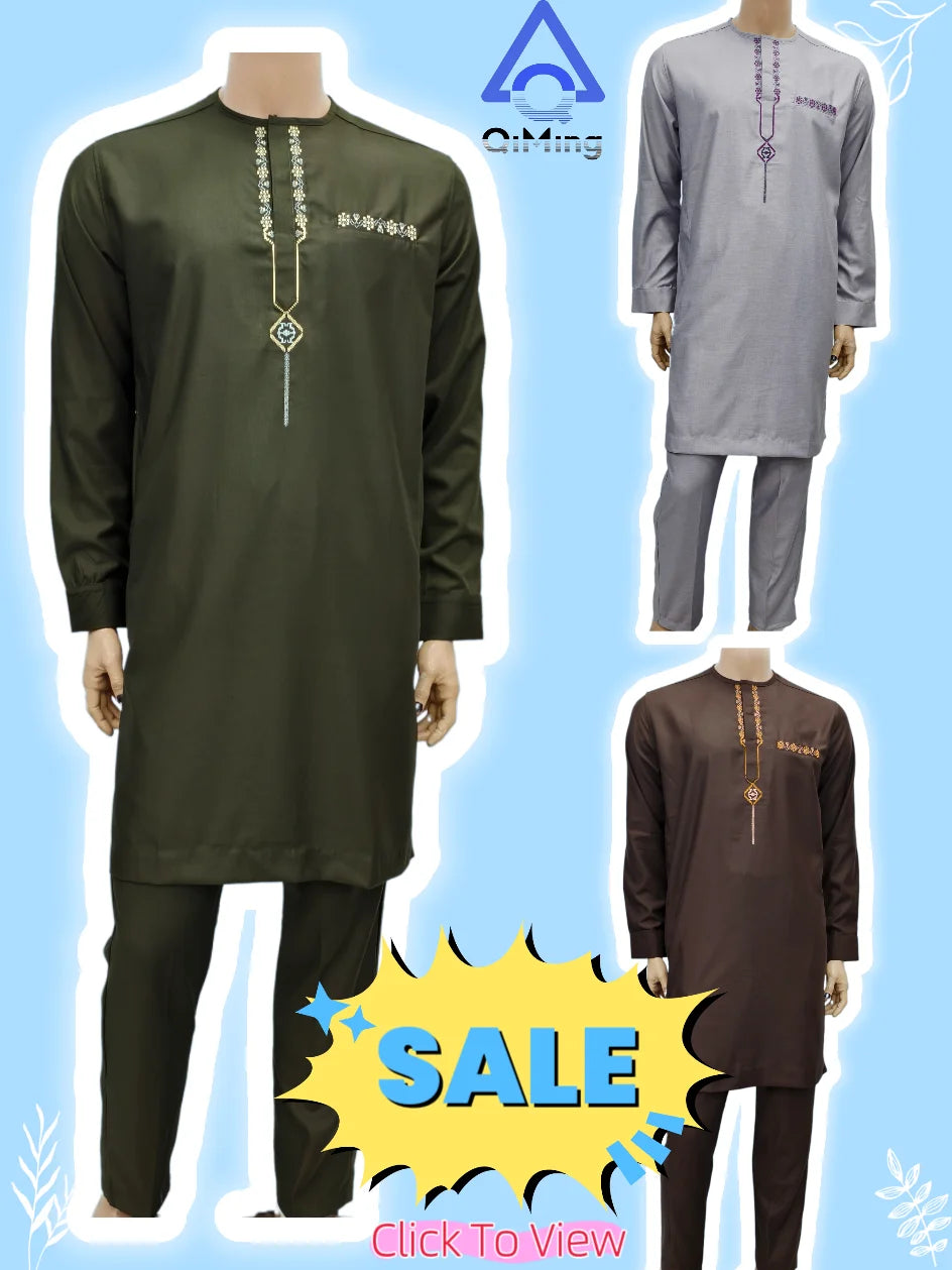 African Muslim Islamic Men's Modern Fashion Prayer Eid Robe Long Sleeve Round Neck Embroidered Arabian Jubba Thobe Clothing