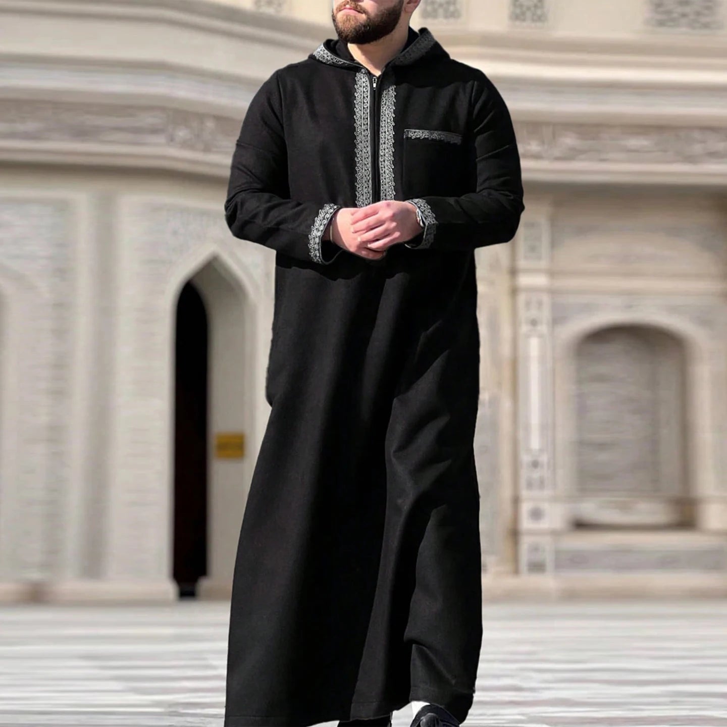 New Muslim Men's Thobe Embroidery Splicing Moroccan Luxury Elegant Robe Kandora Men's Burqa Islamic Loose Traditional Clothing