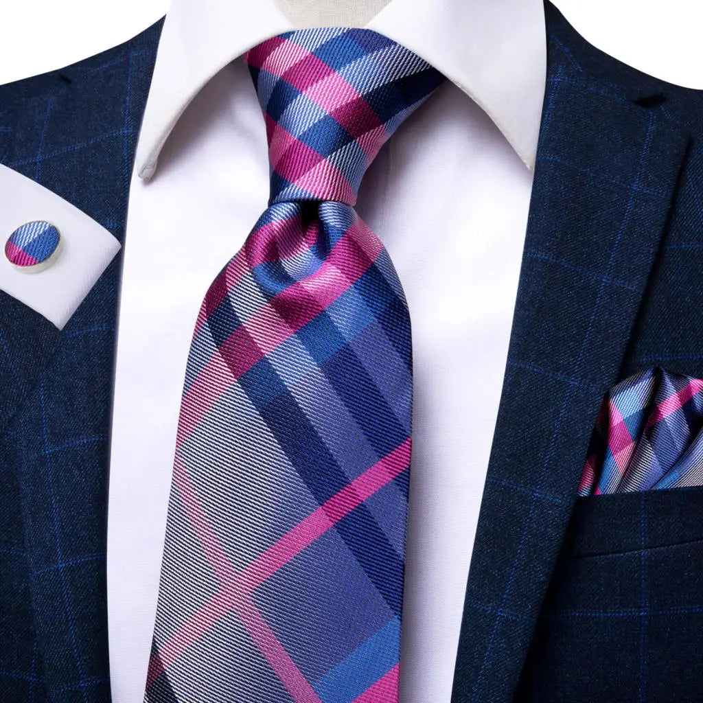 Hi-Tie Plaid Silk Tie For Men Elegant Mens Blue Grey Necktie Pocket Square Cufflink Groom Wedding Accessory Wholesale Designer