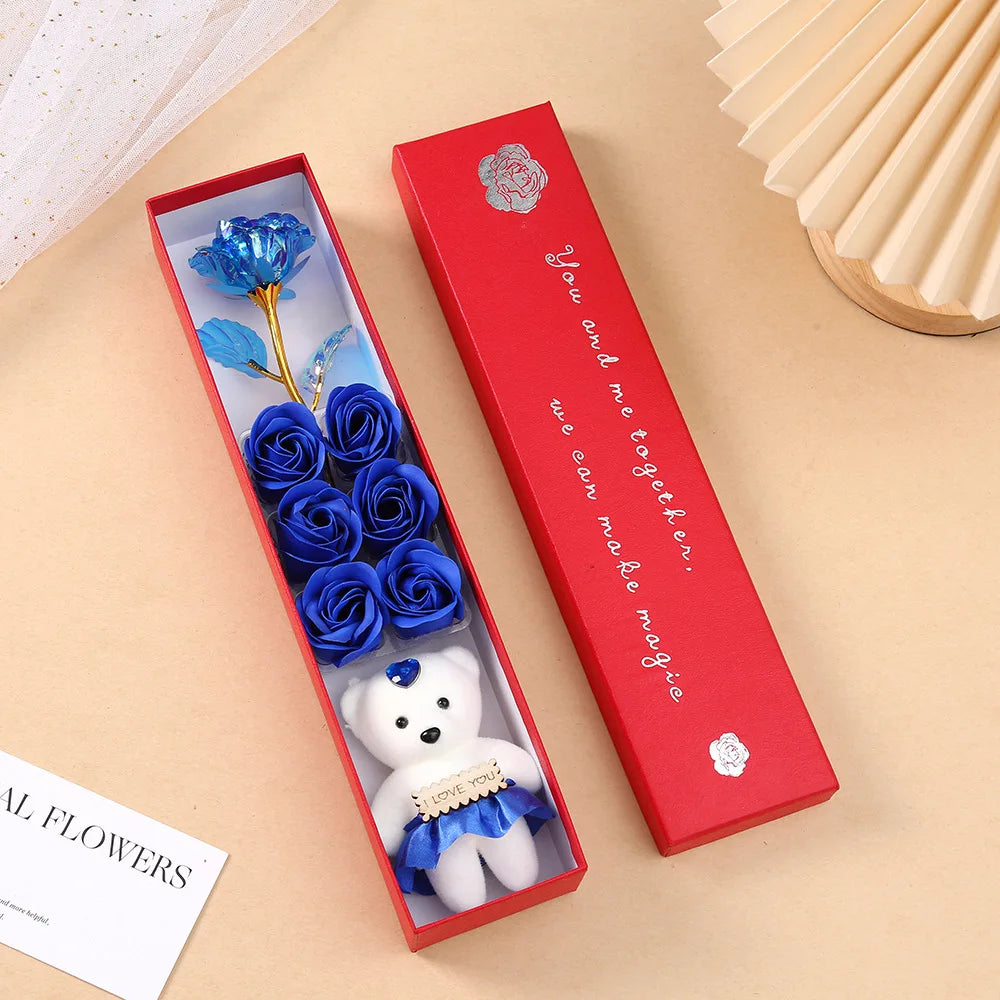 6Heads Flowers Soap Flower Gift Rose Box Valentines Day Gift Bears Bouquet Wedding Decoration Gift Festival Heart-shaped Box