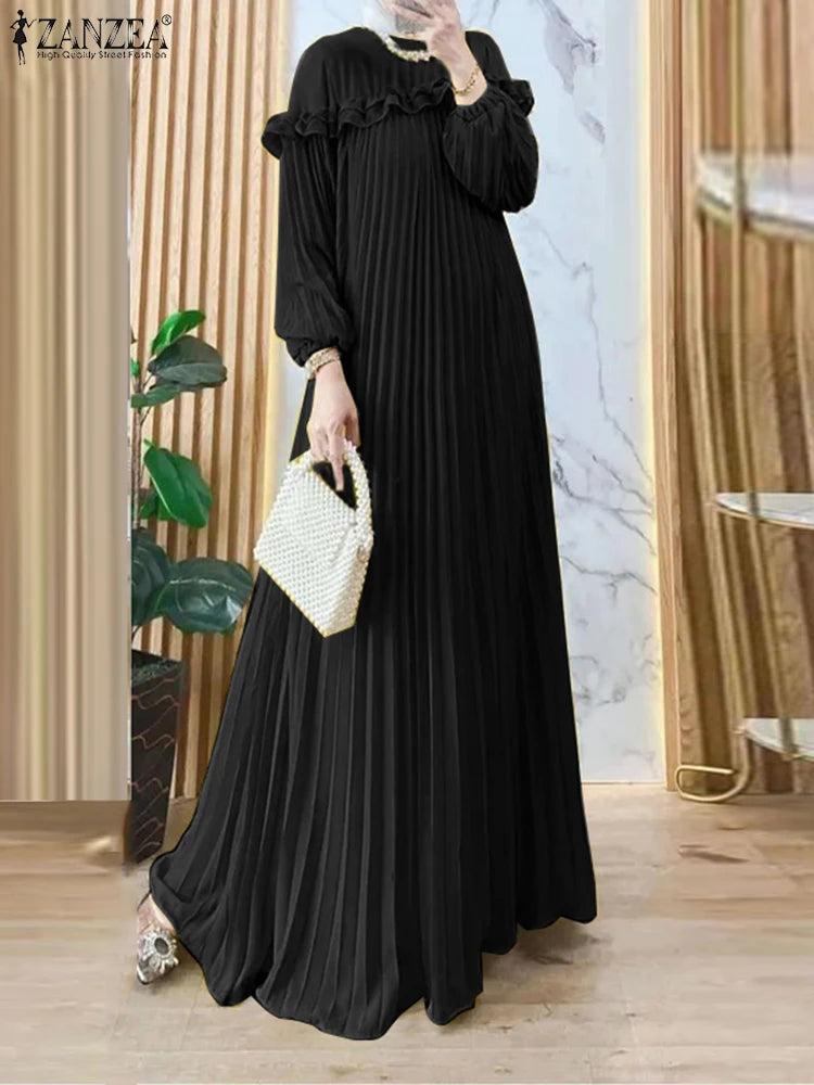 ZANZEA Elegant Hijab O Neck Maxi Dress Pleated Women Solid Muslim Islamic Abaya Robe Lantern Sleeve Casual Ruffles Vestidos