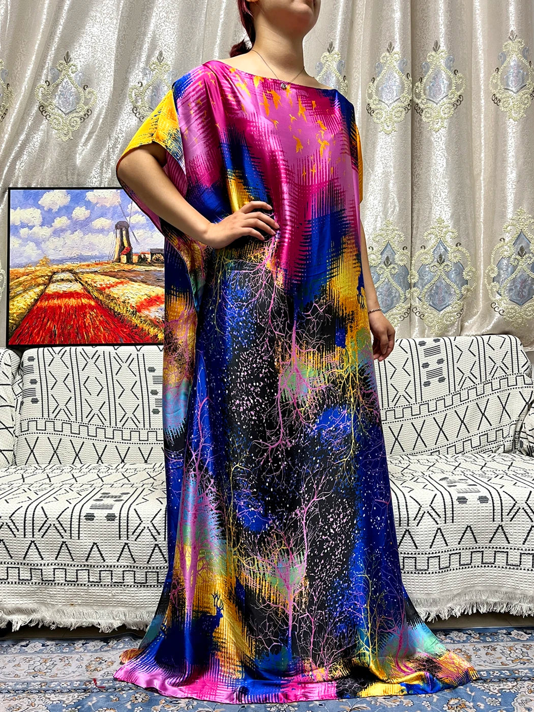Abayas For Women 2023 Printed Silk Soft Loose Femme Robe Muslim Summer Fashion Clothing African Islam Woman Dresses With Turban