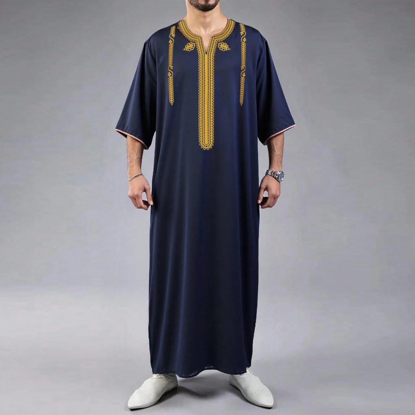 New Islamic Muslim Men's Thobe Long-sleeved Classic Embroidery Robe Arabic Ethnic Style Men's Casual Formal Robe Prayer Dress