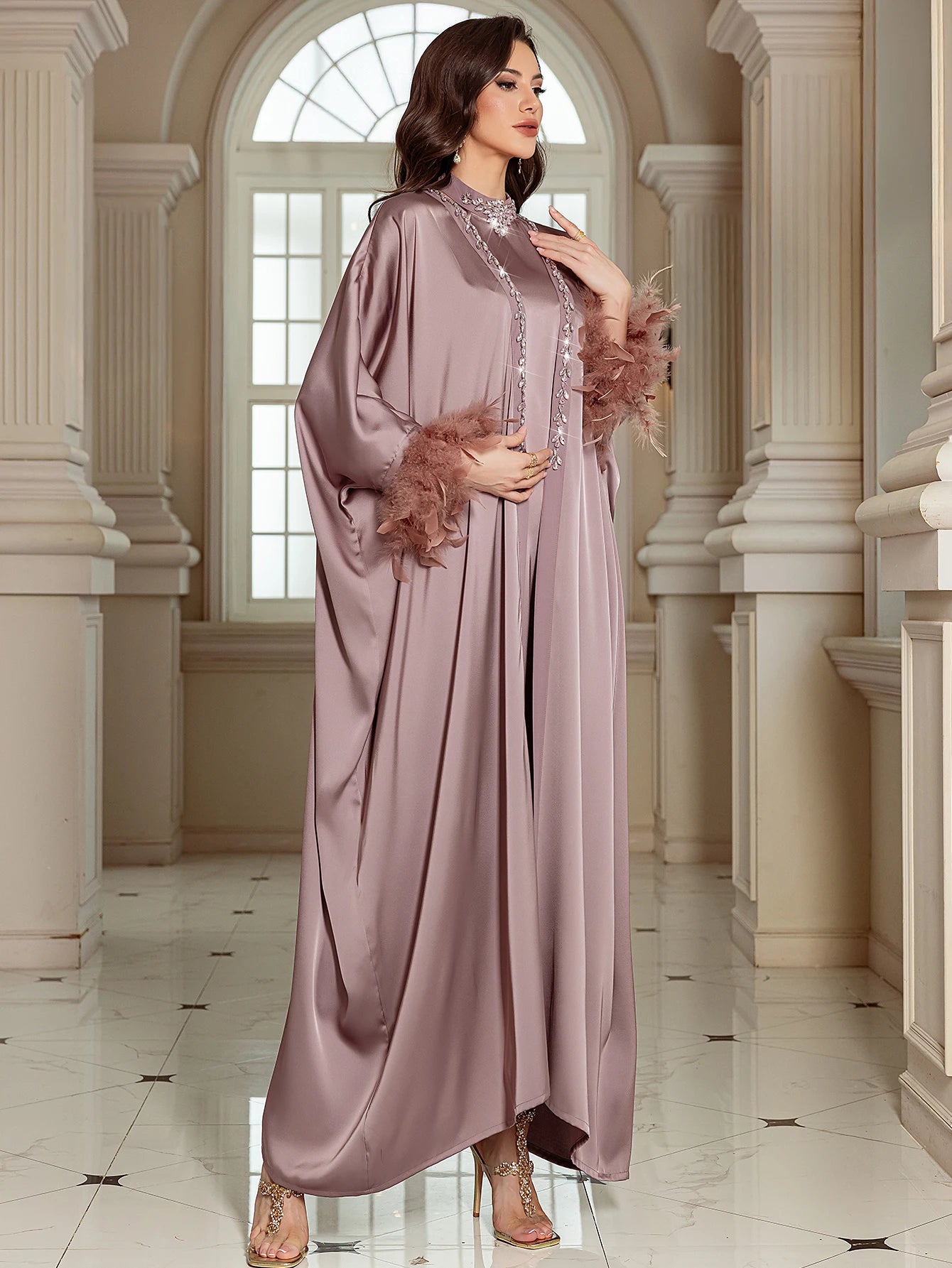 Luxury Dubai Abayas for Women Feather Muslim Sets Satin Kimono Cardigan Kebaya Turkey Kaftan Ramadan Islam Clothing Robe Abayo