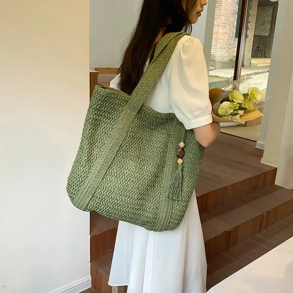 Straw Bag for Women Handmade Woven Shoulder Bag Large Capacity Tote Bags with Pendant Armpit Bag Top-handle Handbag Purse