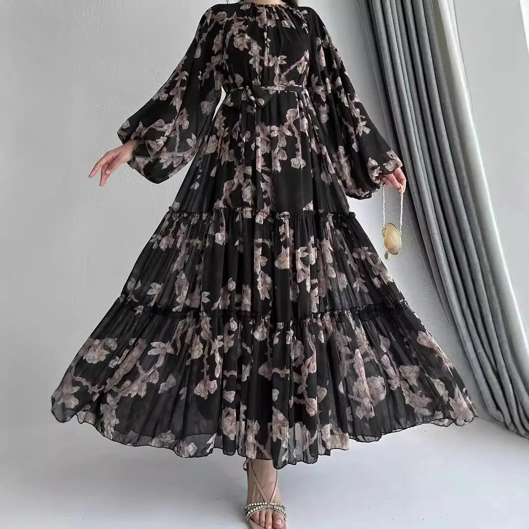 Eid Chiffon Women Dress Abaya Flower Print Muslim Vestidos Largo Dubai Kaftan Arab Long Robe Ramadan Morocco Dresses Jalabiya