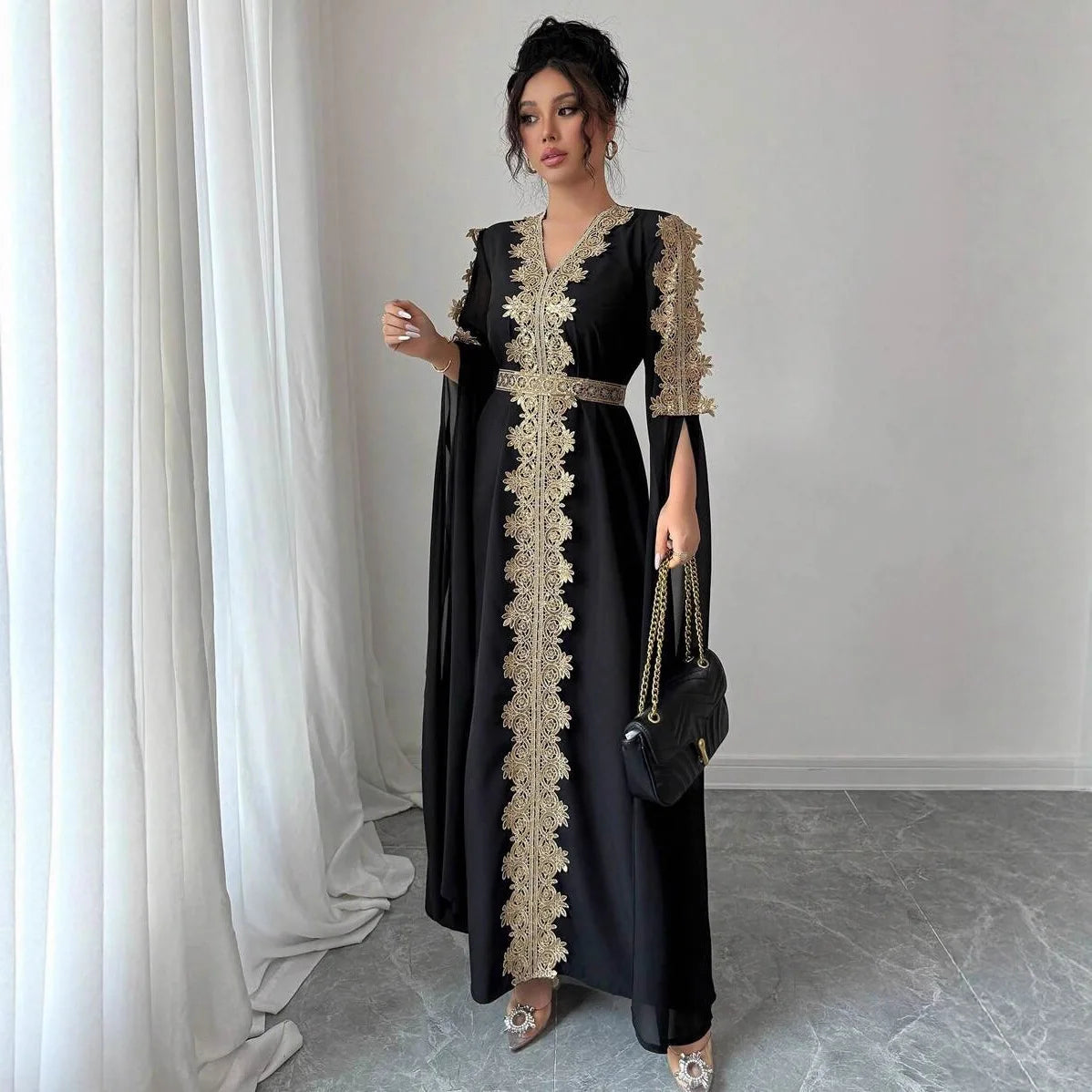 Eid Women Party Dress Abaya Split Long Sleeve Muslim Jalabiya Ramadan Solid Vestidos Largos V Neck Dresses Arab Long Robe 2026