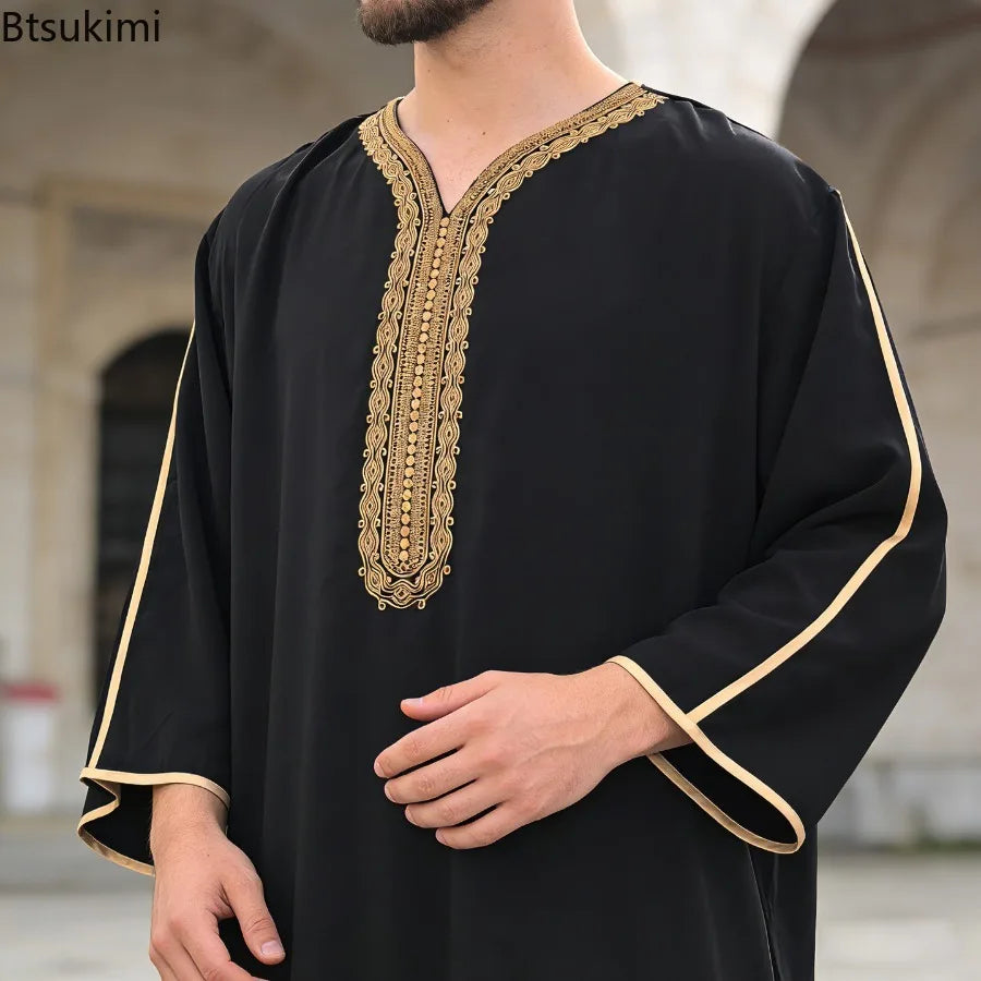 Ethnic Style Kandouras Thobe for Men Jabador Gandoura Side Pockets Embroidery Abaya Long Sleeve Muslim Kaftan Vintage White Robe