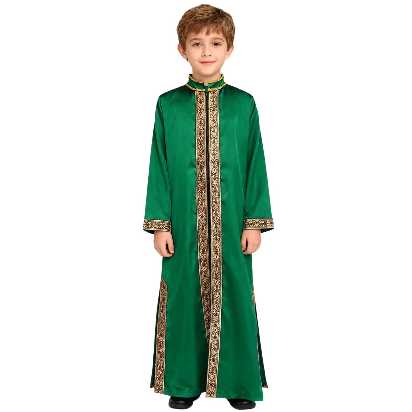 Boys Gold Embroidery Maxi Muslim Thobe Kaftans Arab Gown Islamic Robe Cosplay Long Sleeves Coats Festival Holiday Costume