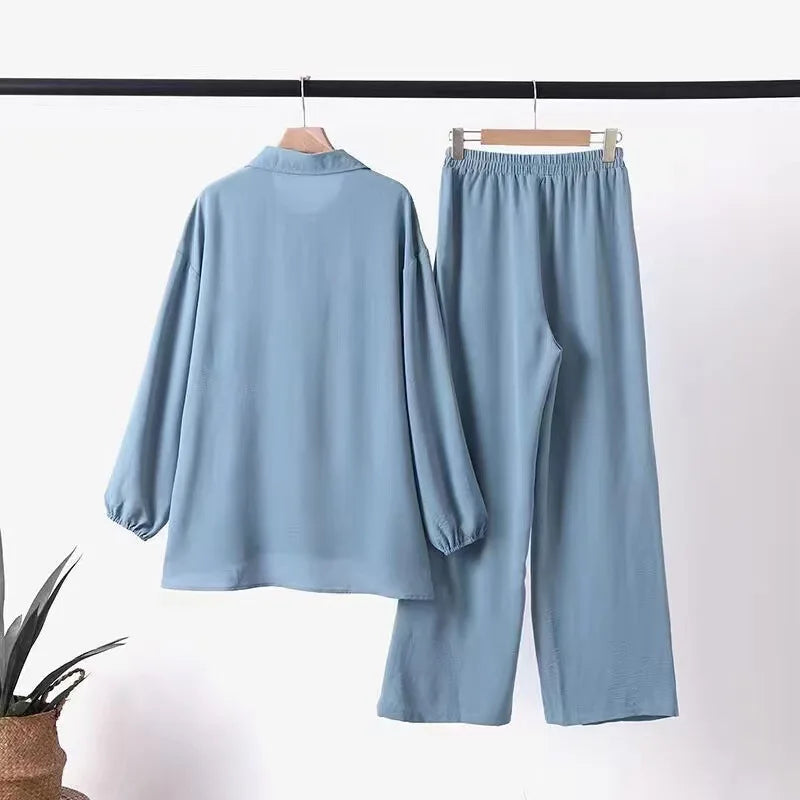 Women Casual Muslim Suit Solid Abaya Eid Ramadan Long Sleeve Blouse+Pants 2 Piece Set Dubai Turkey Kaftan Women Islamic Clothing