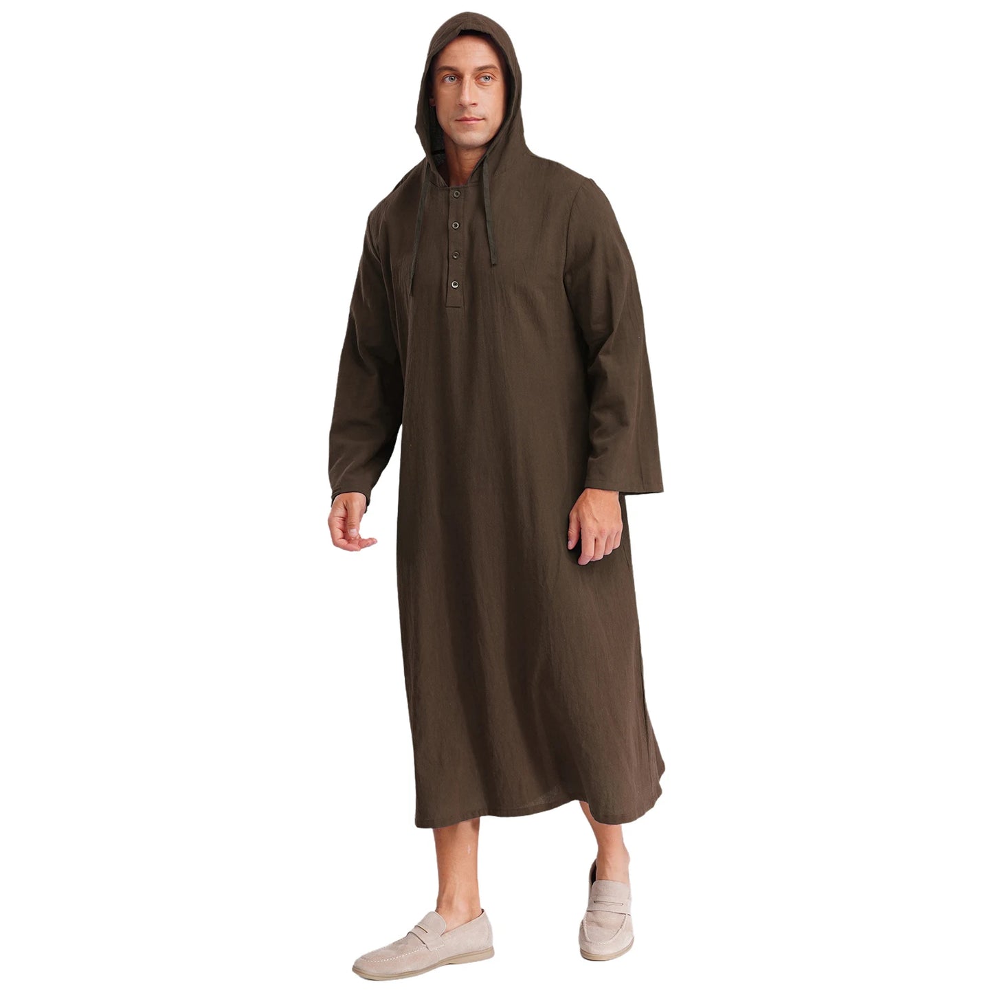 Mens Jubba Thobes Linen Muslim Robe Hooded with Pockets Middle East Islam Arabic Moroccan Kaftan Eid Prayer Long Robe Dress