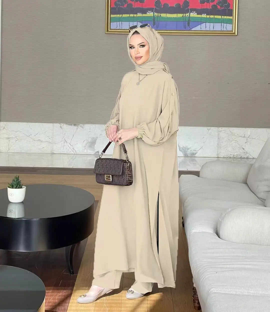 Blouse 2 Piece Set Muslim Set Dress Women Long Sleeve Abaya Shirt Wide Leg Pant Suits Arabic Dubai Dresses Musulman Ensembles