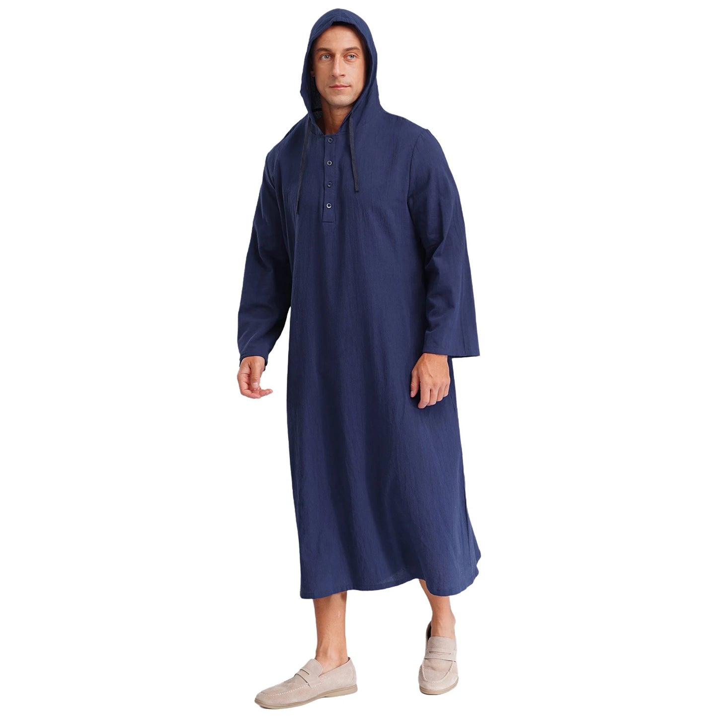 Mens Jubba Thobes Linen Muslim Robe Hooded with Pockets Middle East Islam Arabic Moroccan Kaftan Eid Prayer Long Robe Dress