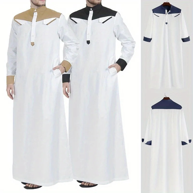 Southeast Asian Muslim Men's Thobe - Color Block Long Sleeve Robe with Mandarin Collar, Traditional Islamic Prayer Dress