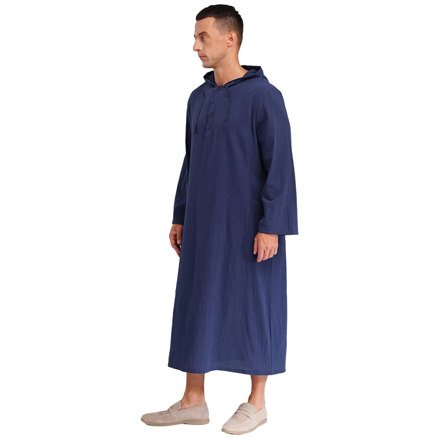 Mens Jubba Thobes Linen Muslim Robe Hooded with Pockets Middle East Islam Arabic Moroccan Kaftan Eid Prayer Long Robe Dress
