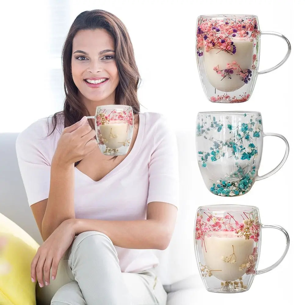 Elegant Full Sky Star Double Layer Glass Cup with Handle 350ml Dried Flowers Glass Mugs Heat Resistant  Coffee Mug Flower Cup