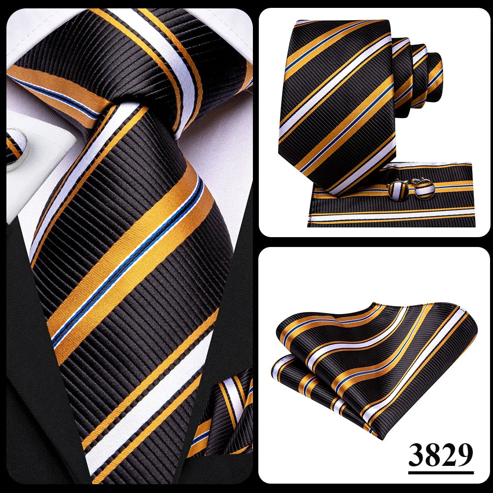 Hi-Tie Men Fashion Striped Navy Blue Necktie Handkerchief Cufflinks for Tuxedo Accessory Classic Silk Luxury Tie for Man Gift