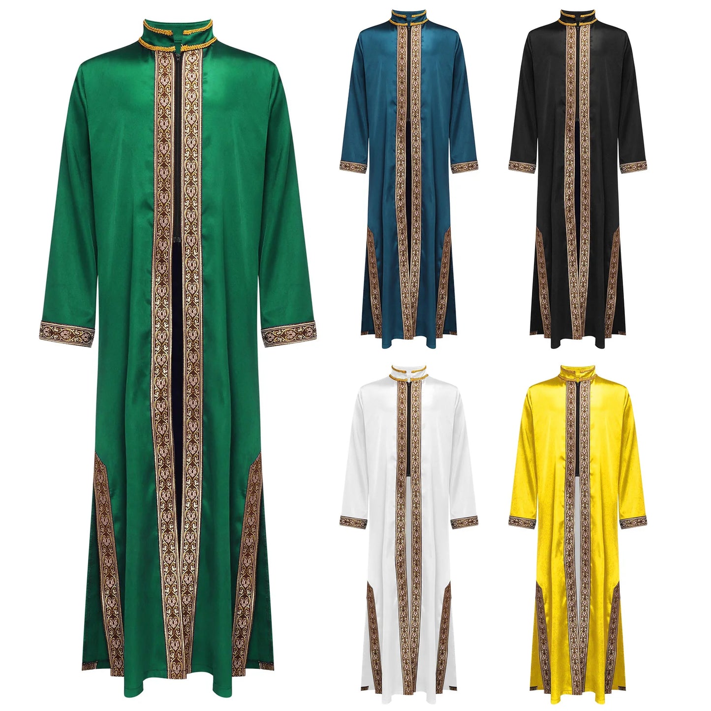 Boys Gold Embroidery Maxi Muslim Thobe Kaftans Arab Gown Islamic Robe Cosplay Long Sleeves Coats Festival Holiday Costume