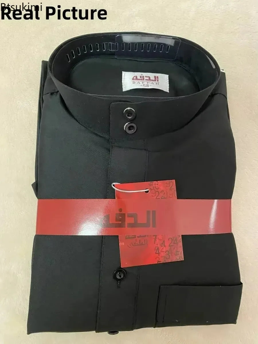 Men's Muslim Robe Islamic Ramadan Juba Kaftan Dishdash Arabian Robe Solid Color Long Sleeve Collar Loose T-shirt Dress Tunic New
