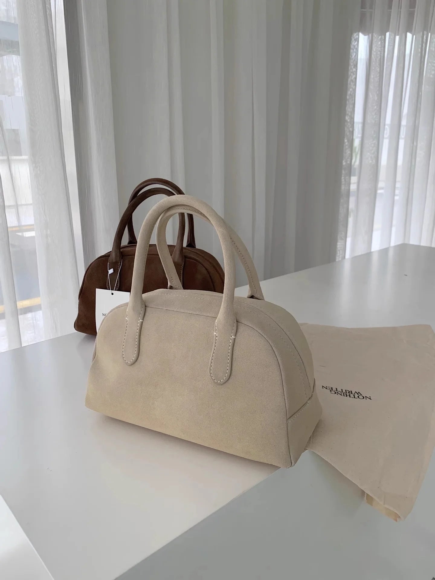 Nothingwritten Suede Leather Bowling Bag Handheld Boston Bag Women's Handbag Korean Sle Hard Handle Canvas  Zipper Cl...