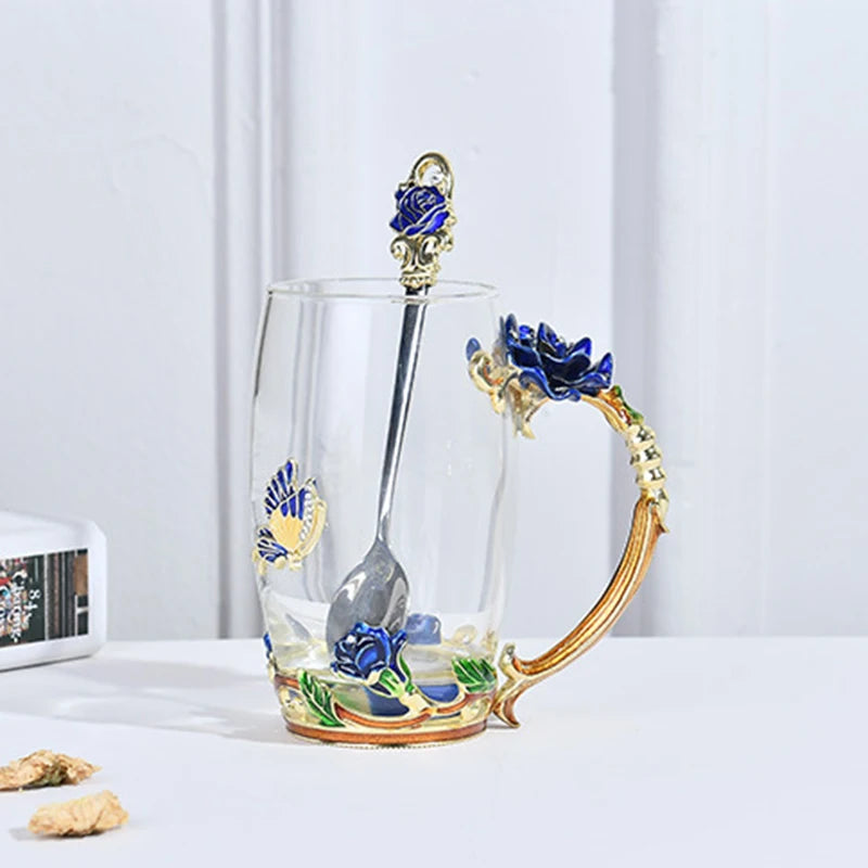 Rose Flower Cup Enamel Water Cup Heat-resistant Glass Cup Enamel Coffee Tea Cup Mug 3D Rose Butterfly Glass Cups Wedding Gift