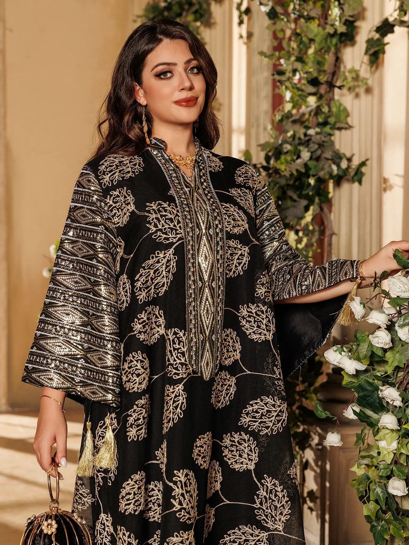 Elegant Light Green Abaya for Islamic Ladies Intricate Gold Embroidery and Tassel Accents Perfect for Festivities in Middle East