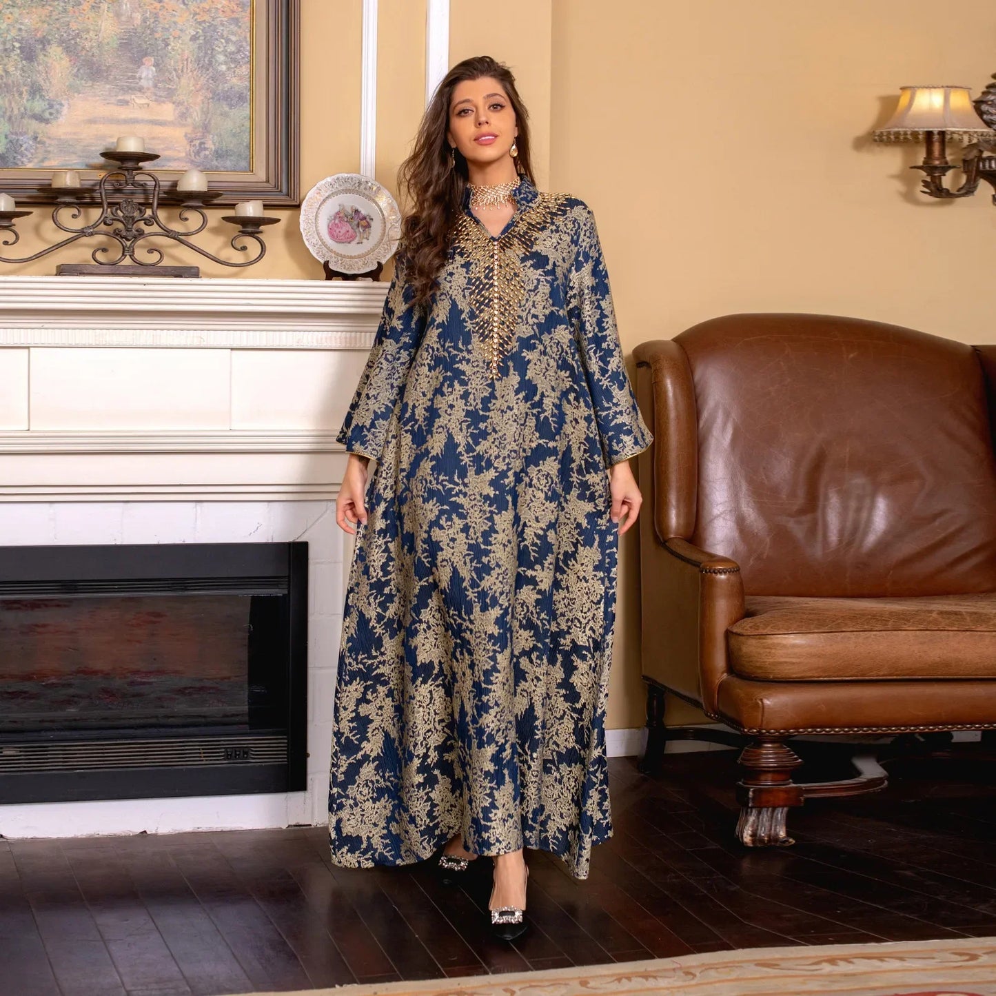 Eid Muslim Dress for Women Abaya Beading Stand Collar Jalabiya Morocco Party Dresses Abayas Kaftan Abaya Vestidos Arab Long Robe