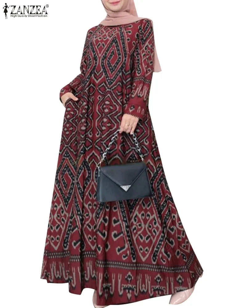 ZANZEA Elegant Maxi Dress Fashion Turkey Muslim Abaya Robe Femme Vintage Long Sleeve Kaftan Printed Vestidos IsIamic Clothing