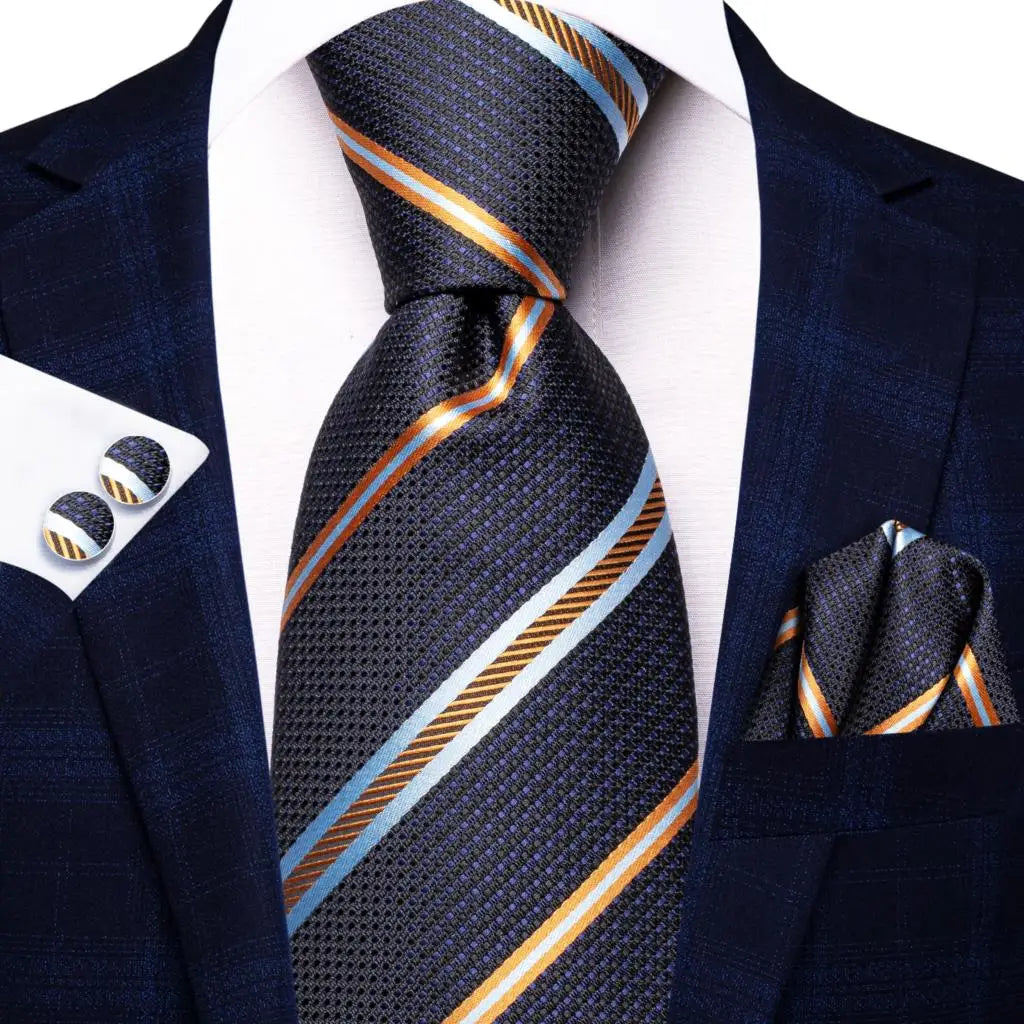 Hi-Tie Men Fashion Striped Navy Blue Necktie Handkerchief Cufflinks for Tuxedo Accessory Classic Silk Luxury Tie for Man Gift