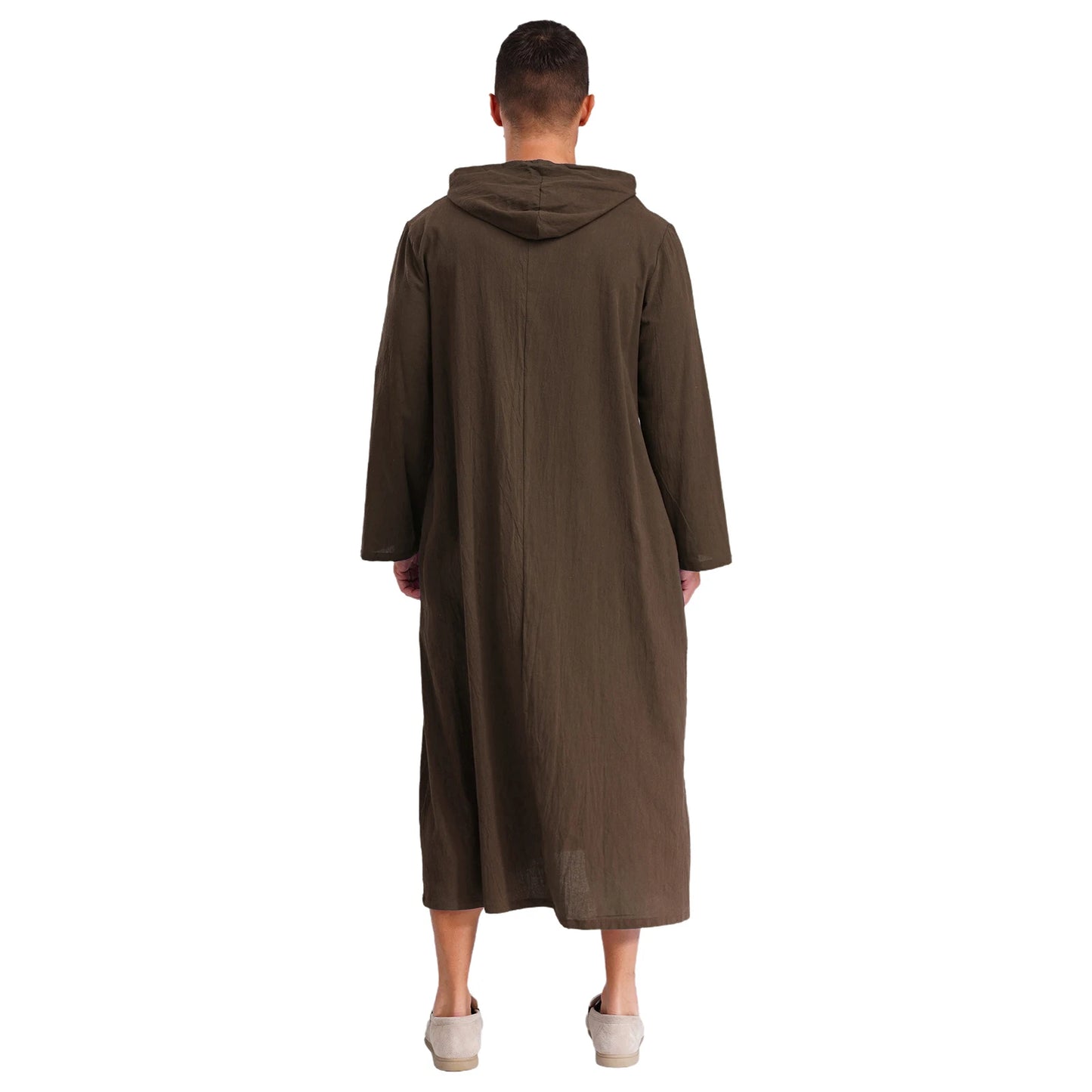 Mens Jubba Thobes Linen Muslim Robe Hooded with Pockets Middle East Islam Arabic Moroccan Kaftan Eid Prayer Long Robe Dress
