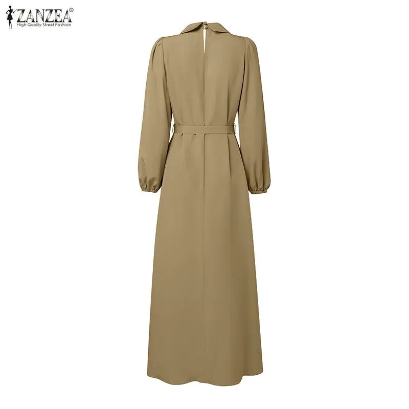 Elegant Muslim Dress Abaya ZANZEA Women 2025 Autumn Dresses Long Lantern Sleeve Pleated Sundress Belted Robe Femme Party Vestido