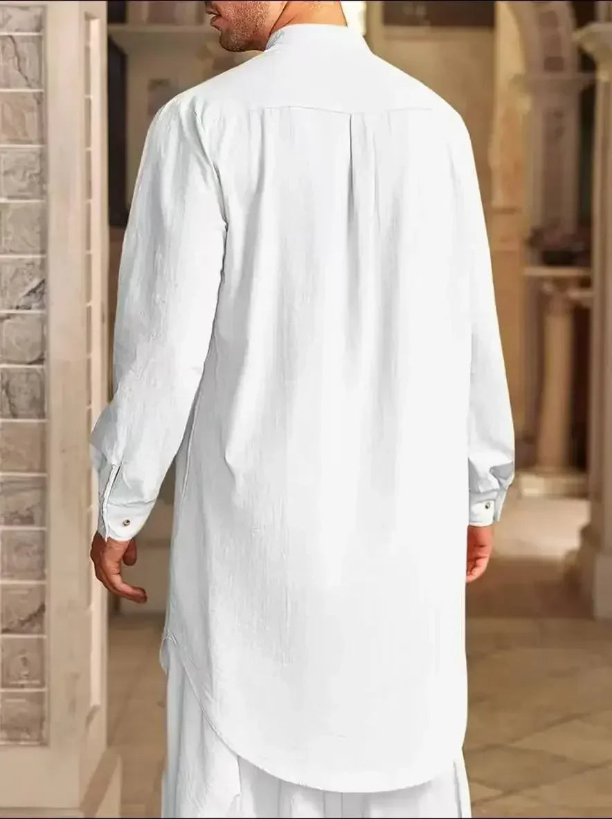 2025 New Muslim Middle East Arab Malaysia Men's Button Cotton Line Shirt Muslim Robe