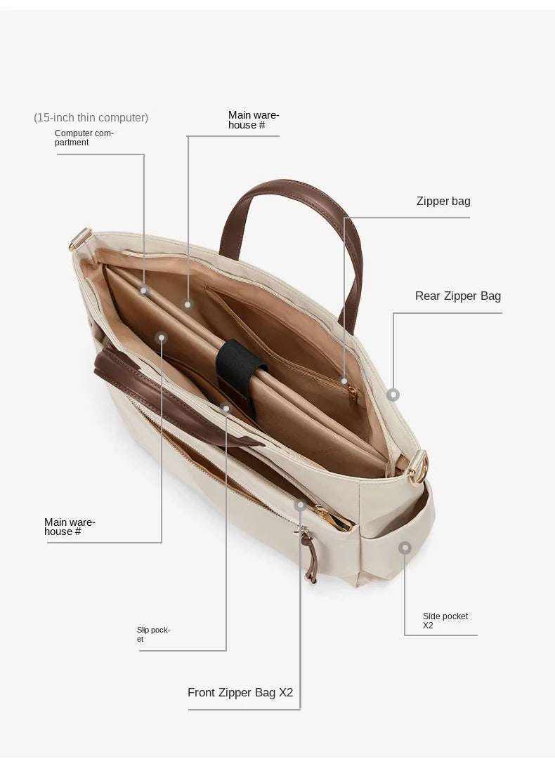 GOLF Women's Handbag Elegant Briefcase Tote Woman Business Leather Handle Nylon Lightweight 15 inch Shoulder Bag Multi Pockets
