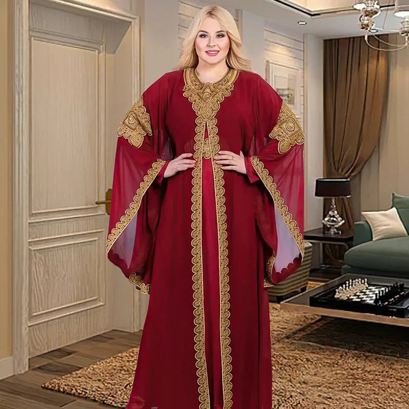 Women Abaya Party Dresses Muslim Caftan 2 Piece Set Eid Flare Sleeves Robe Embroidered Gold Lace Dress Suit Jalabiya Ramadan