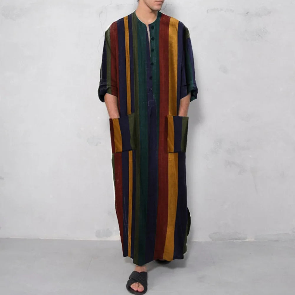 Arab Men's Robe Shirt Long Sleeved Striped Printed T-shirt Muslim Cotton Robe Suitable for Daily Wear and Cultural Activities