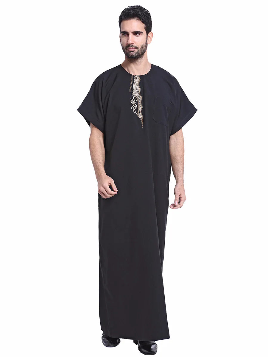 Muslim Kaftan for Men Round Collar Blue White Spring Elegant Robe Arab Vintage Long Sleeves Thobe Robe Turkey Embroidered