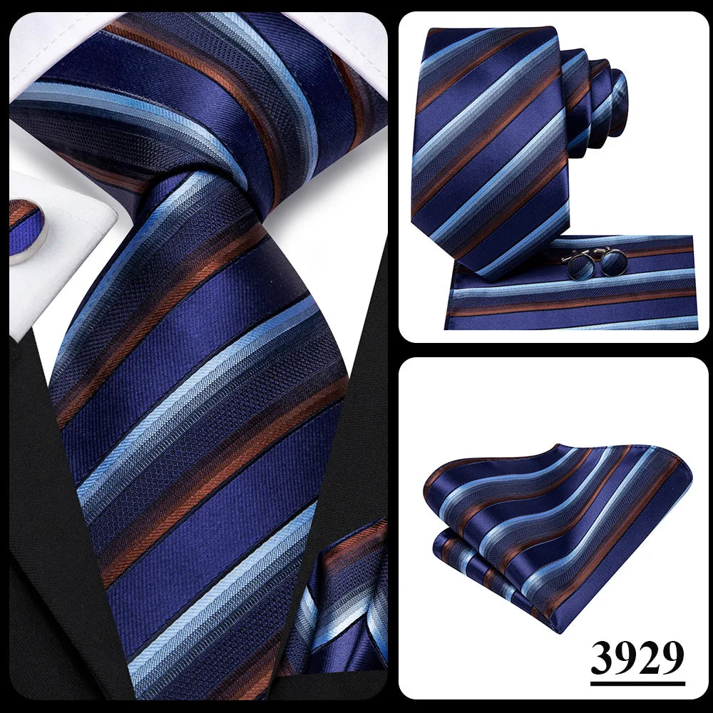 Hi-Tie Men Fashion Striped Navy Blue Necktie Handkerchief Cufflinks for Tuxedo Accessory Classic Silk Luxury Tie for Man Gift