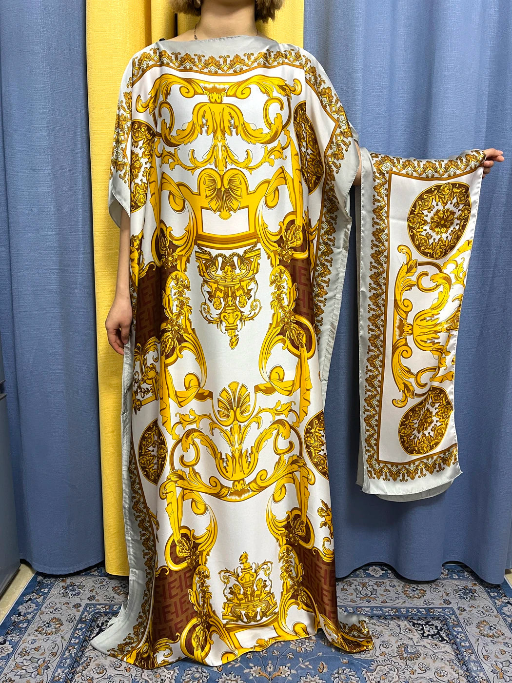 Abayas For Women 2023 Printed Silk Soft Loose Femme Robe Muslim Summer Fashion Clothing African Islam Woman Dresses With Turban