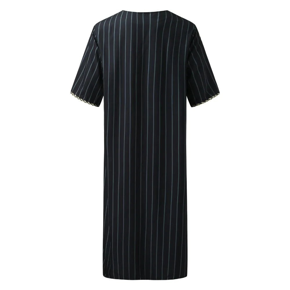 Men's Arabian Thobe - Summer V-Neck Short Sleeve Robe, Loose Fit Muslim Islamic Clothing for Casual Wear
