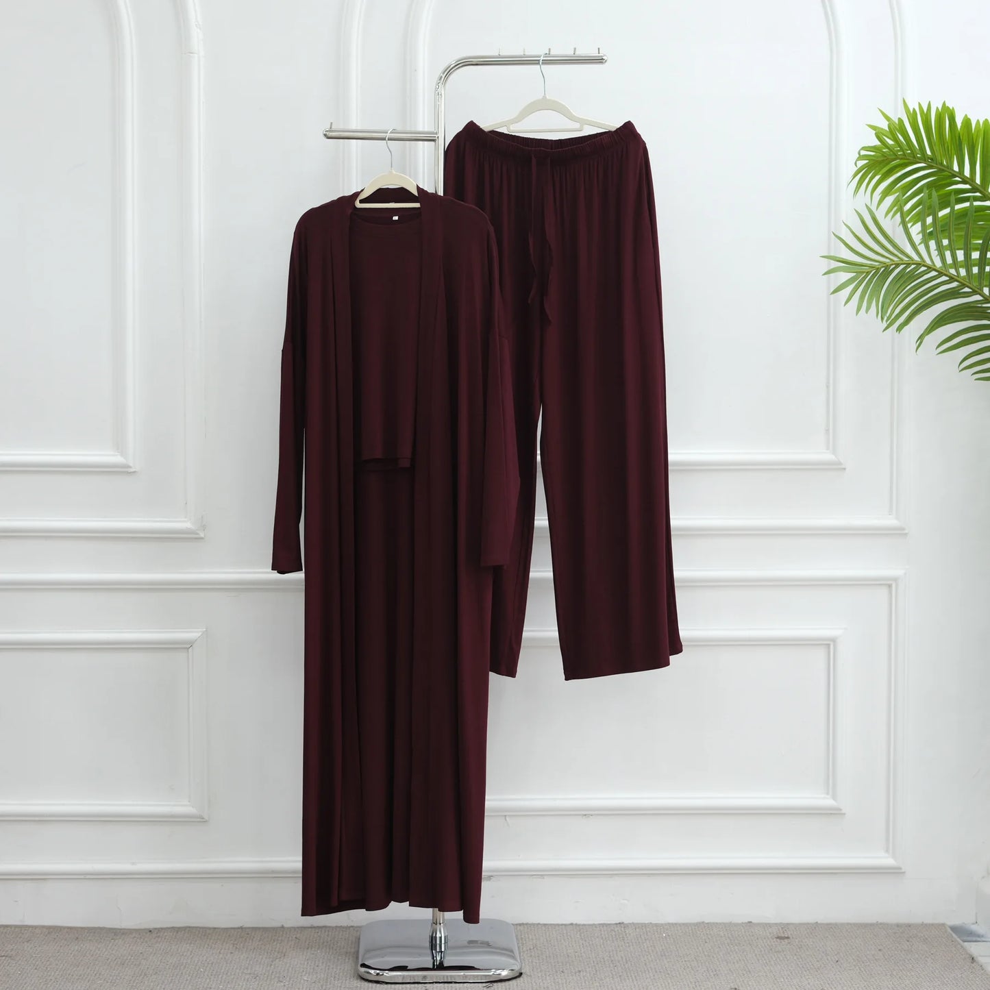 Muslim 3 Piece Set Women Cardigan Shirt Wide Leg Pant Blouse Top Suit Musulman Ensemble Dubai Casual Femme Outfits Solid Casual