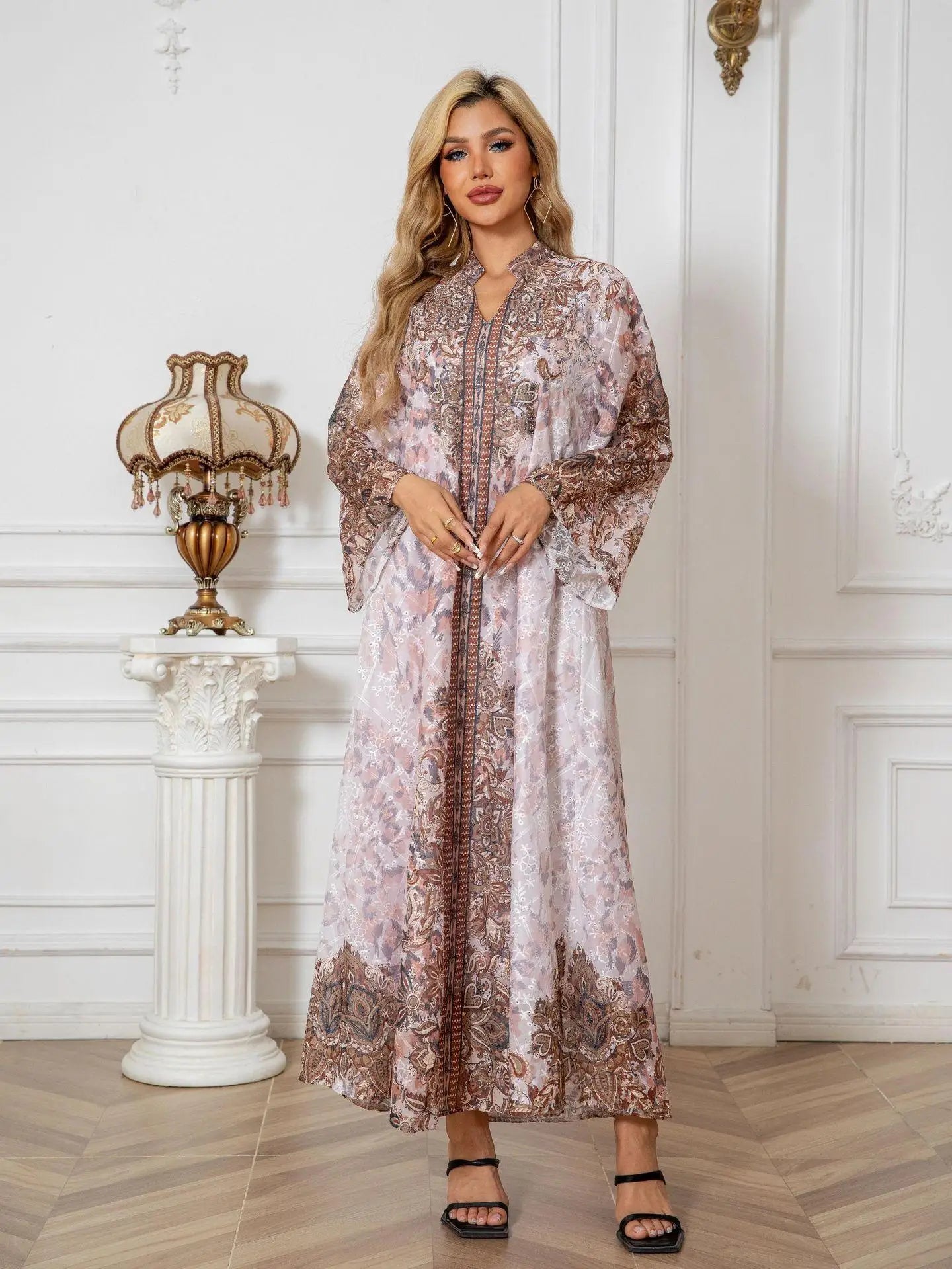 Embroidered Rhinestone Abaya Long Sleeve Modest Maxi Abaya Middle East Muslim Traditional Abaya Floral Glam Ramadan Kaftan