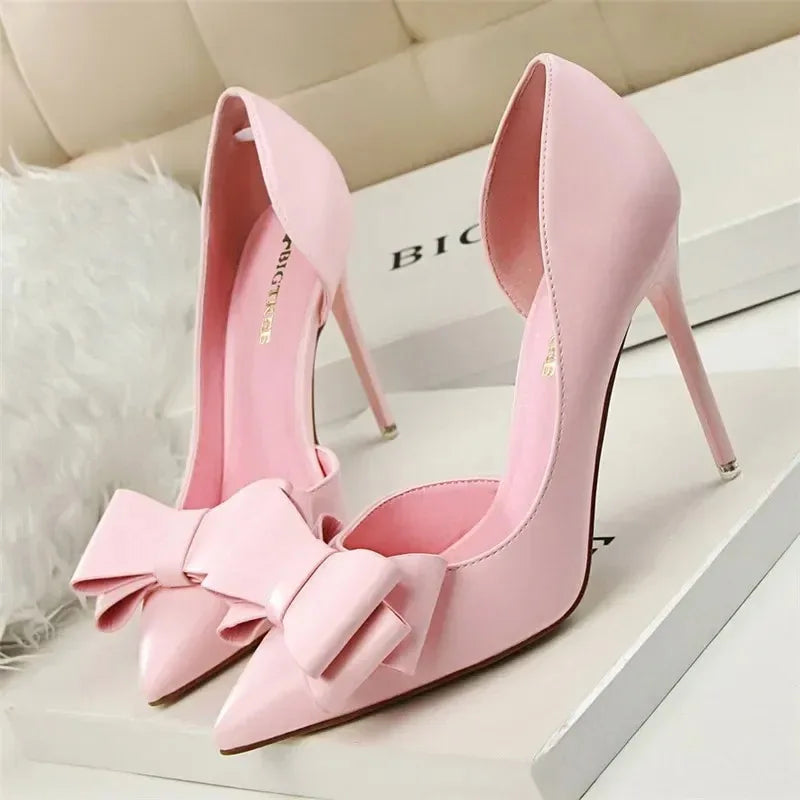 2025 Fashion Delicate Sweet Bowknot High Heel Shoes Side Hollow Pointed Women Pumps Pointed Toe 10.5CM thin Dress Shoes