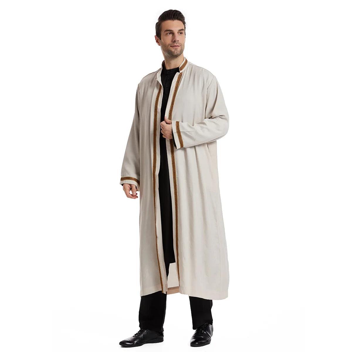 Elegant Bisht for Men Arabic Thobe Outer Robe Fashion Embroidery Islamic Jubba Kaftan Formal Ceremony Wear