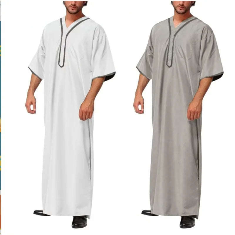 2026 New Men's Muslim Thobe Long Sleeve Button Down Shirt Arabic Islamic Robe Loose Fit Casual Prayer Wear for Ramadan Eid