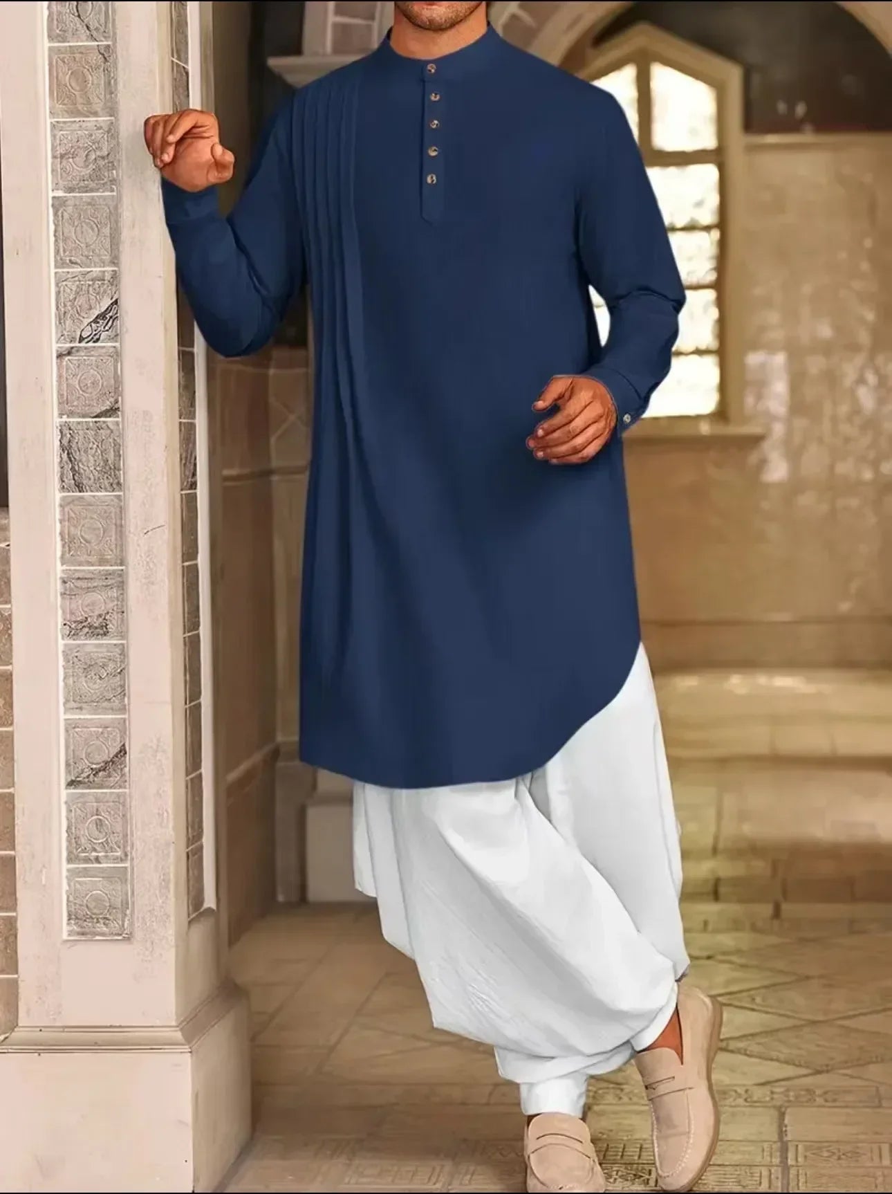 2025 New Muslim Middle East Arab Malaysia Men's Button Cotton Line Shirt Muslim Robe