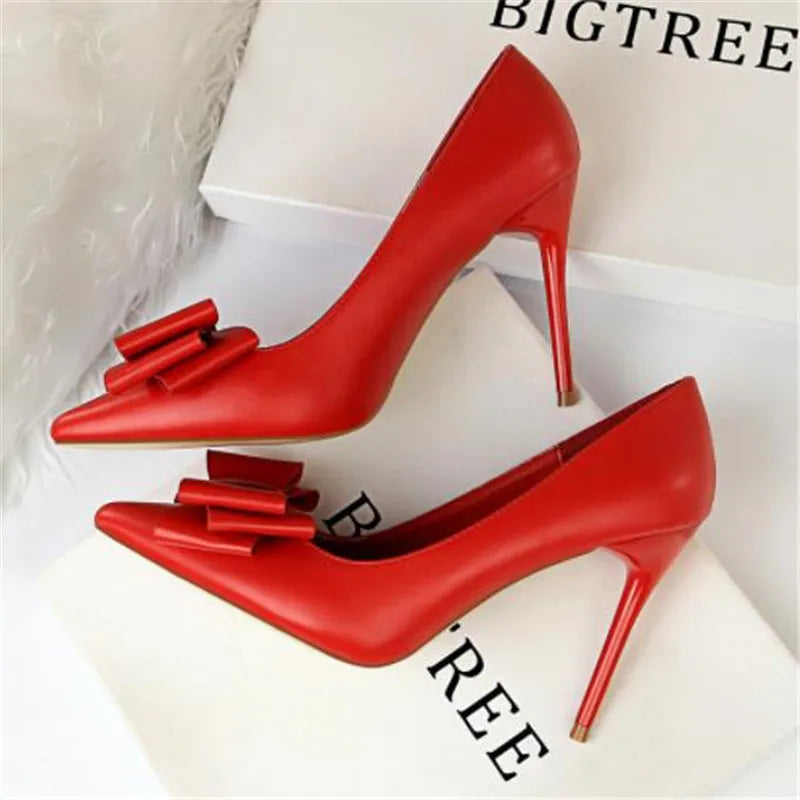 2025 Fashion Delicate Sweet Bowknot High Heel Shoes Side Hollow Pointed Women Pumps Pointed Toe 10.5CM thin Dress Shoes