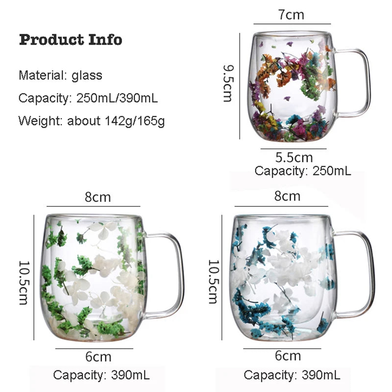 Dried Flower Coffee Mug Double Wall Glass Cup Home Party Cups Cafe Tea Milk Juice Cups For Mother Gift Girls Christmas Gifts