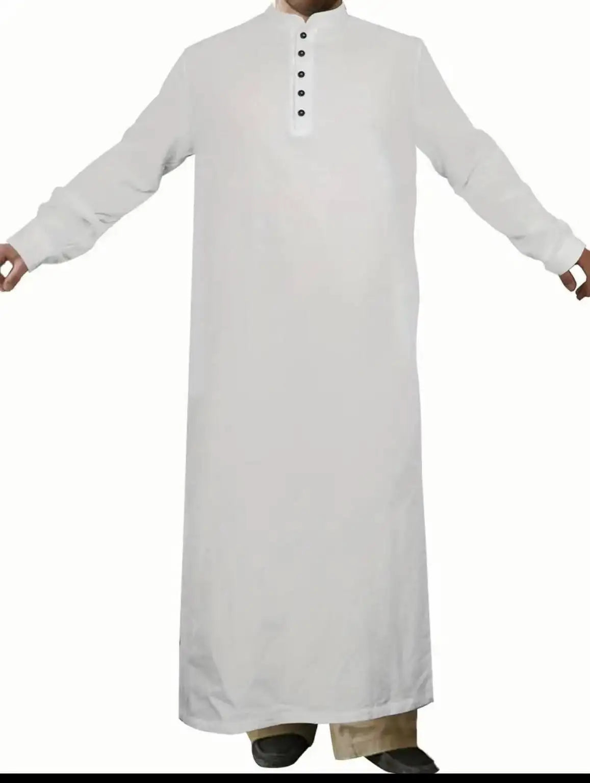 Simple Arabic Thobe for Men Long Stand Collar Button Down Robe Islamic Muslim Jubba Casual Prayer Wear