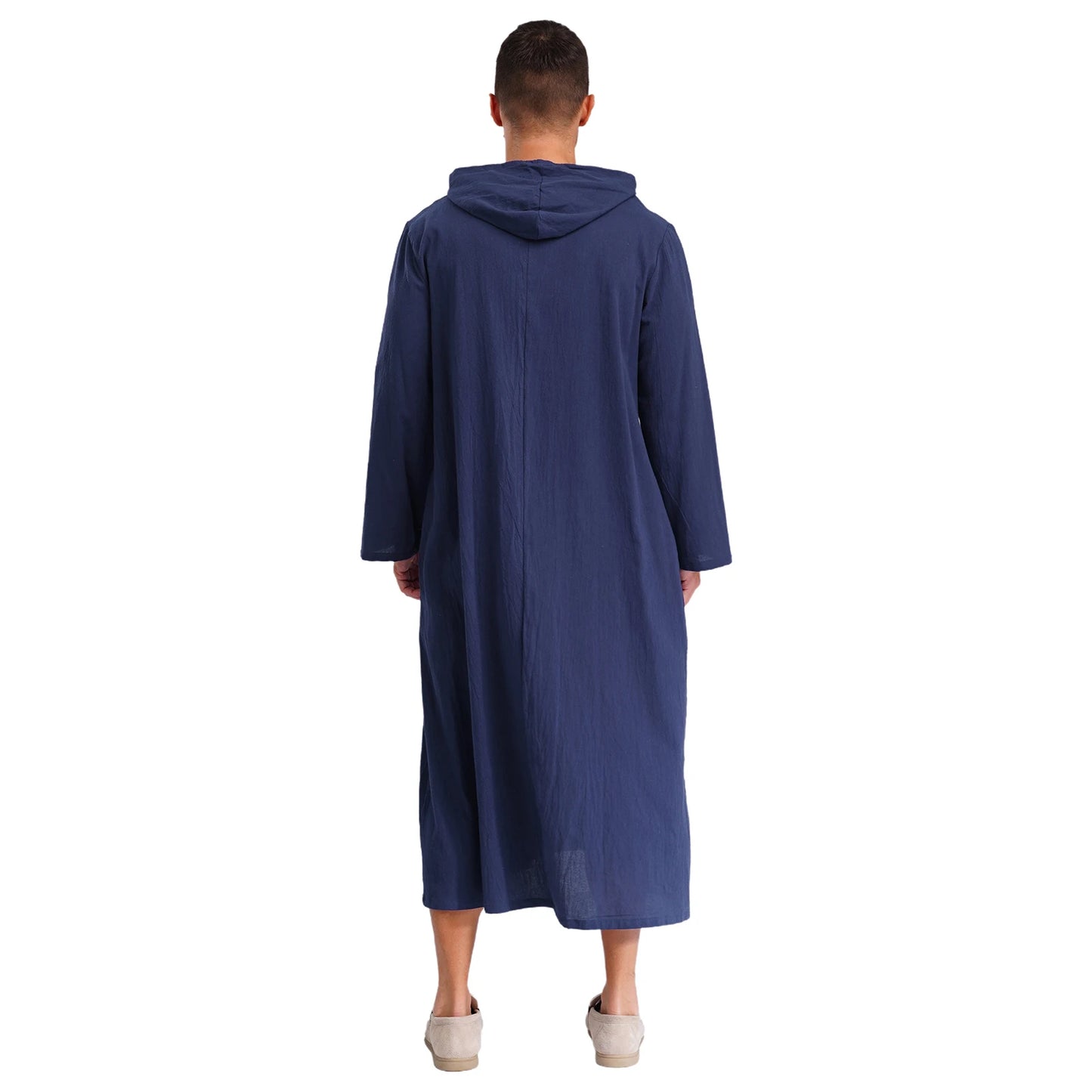 Mens Jubba Thobes Linen Muslim Robe Hooded with Pockets Middle East Islam Arabic Moroccan Kaftan Eid Prayer Long Robe Dress