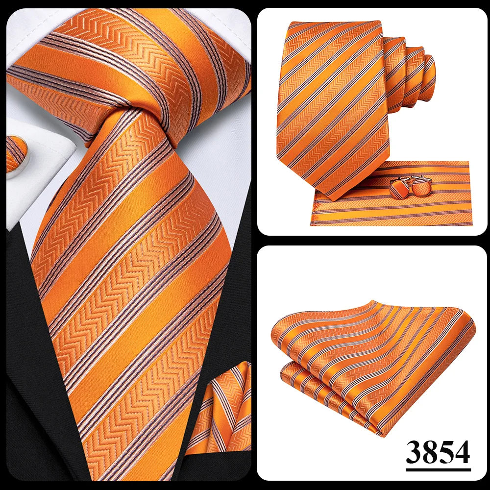 Hi-Tie Men Fashion Striped Navy Blue Necktie Handkerchief Cufflinks for Tuxedo Accessory Classic Silk Luxury Tie for Man Gift